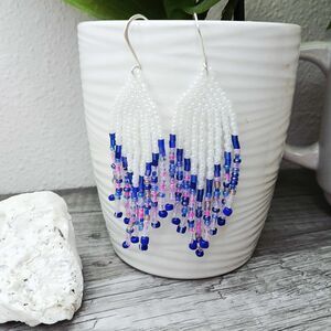 BOGO EARRINGS Boho Chic Beaded Fringe Cascade Dangle Pink Blue White